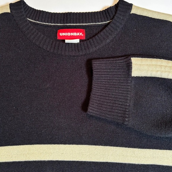 Unionbay Mens Sweater XL Black Cream Stripe Long Sleeve Acrylic Knitwear VTG Y2K - Picture 1 of 5